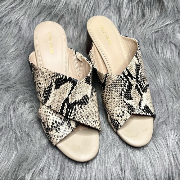 Cole Haan Dakota Tan & Black Snakeskin Wood Block Heel Slide Mule Sandals - Picture 3 of 6